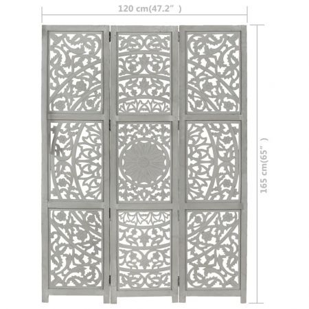 Hand carved 3-Panel Room Divider Grey 120x165 cm Solid Mango Wood