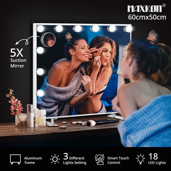 Warm Yellow/Natural/Cool White Light 14 Led Hollywood Makeup Vanity Mirror W/5X Magnify,White Frame