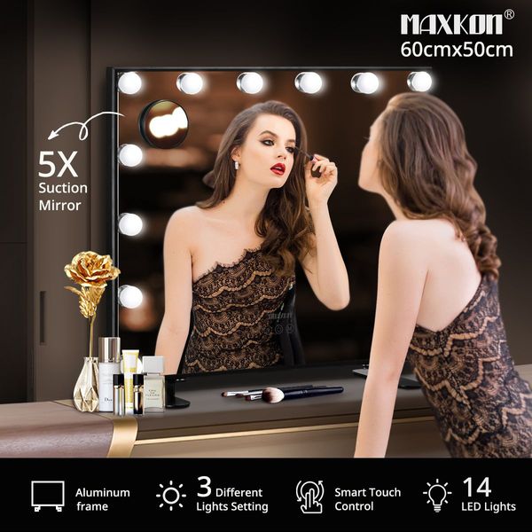 Warm Yellow/Natural/Cool White Light 14 Led Hollywood Makeup Vanity Mirror W/5X Magnify,Black Frame