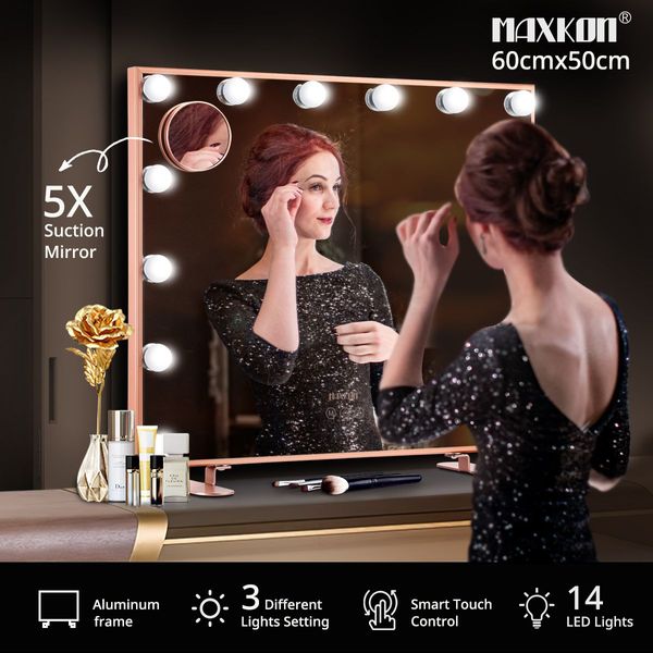 Warm Yellow/Natural/Cool White Light Hollywood Makeup Vanity Mirror,5X Magnify,Rose Gold Frame