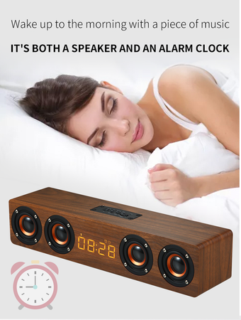 Wooden TV Soundbar Wireless Column Bluetooth Speaker Alarm Clock Subwoofer for Computer Speakers AUX