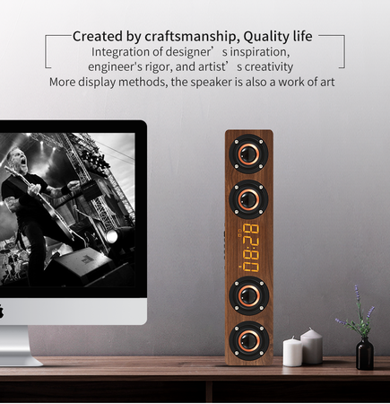 Wooden TV Soundbar Wireless Column Bluetooth Speaker Alarm Clock Subwoofer for Computer Speakers AUX