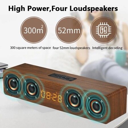 Wooden TV Soundbar Wireless Column Bluetooth Speaker Alarm Clock Subwoofer for Computer Speakers AUX