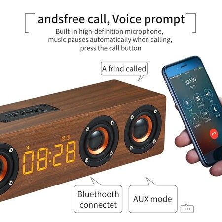 Wooden TV Soundbar Wireless Column Bluetooth Speaker Alarm Clock Subwoofer for Computer Speakers AUX