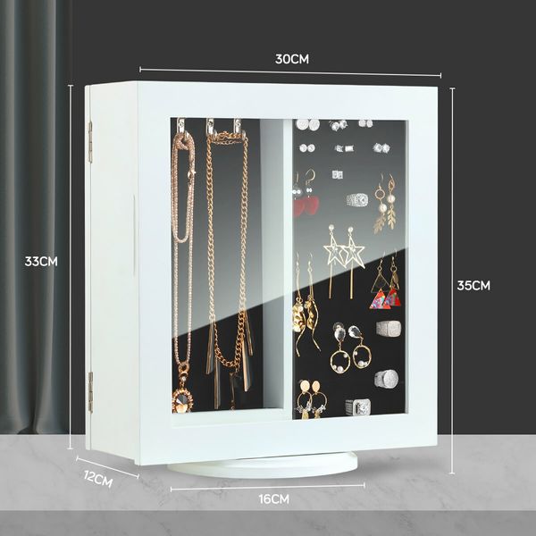 360 Degree Rotating Jewellery Cabinet Organiser Mirror Jewelry Cabinet Box for Earring Necklace Ring White