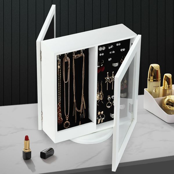 360 Degree Rotating Jewellery Cabinet Organiser Mirror Jewelry Cabinet Box for Earring Necklace Ring White