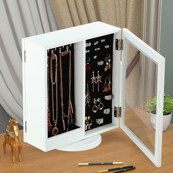 360 Degree Rotating Jewellery Cabinet Organiser Mirror Jewelry Cabinet Box for Earring Necklace Ring White