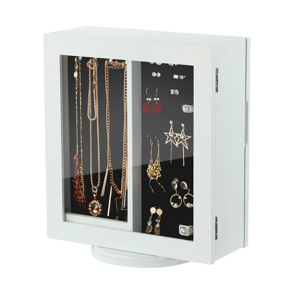 360 Degree Rotating Jewellery Cabinet Organiser Mirror Jewelry Cabinet Box for Earring Necklace Ring White