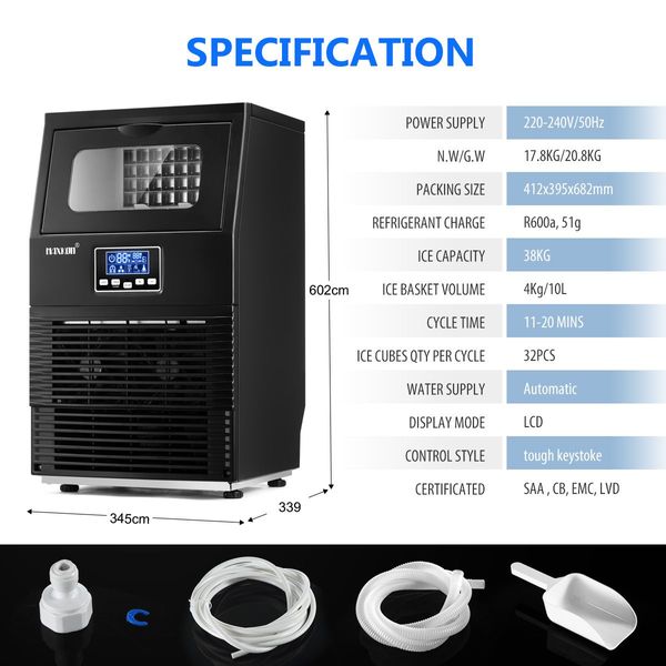 Self Clean Commercial 11-Min Quick Ice Cube Making Machine W/32 Cubes 1 Cycle 38Kg 1 Day 3 Ice Size