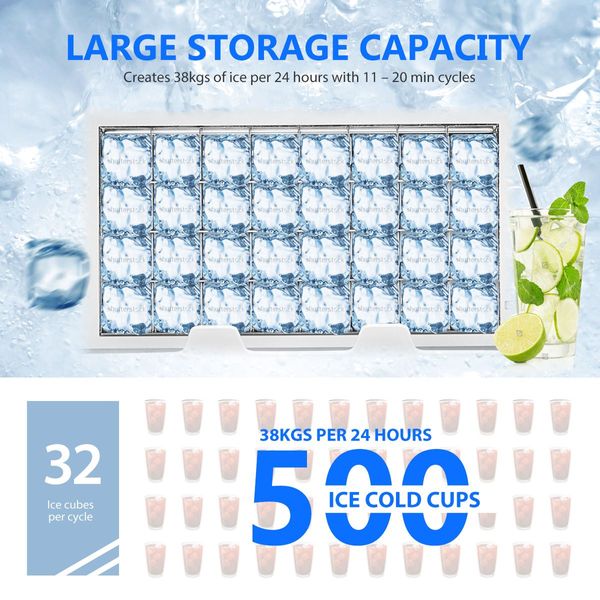 Self Clean Commercial 11-Min Quick Ice Cube Making Machine W/32 Cubes 1 Cycle 38Kg 1 Day 3 Ice Size