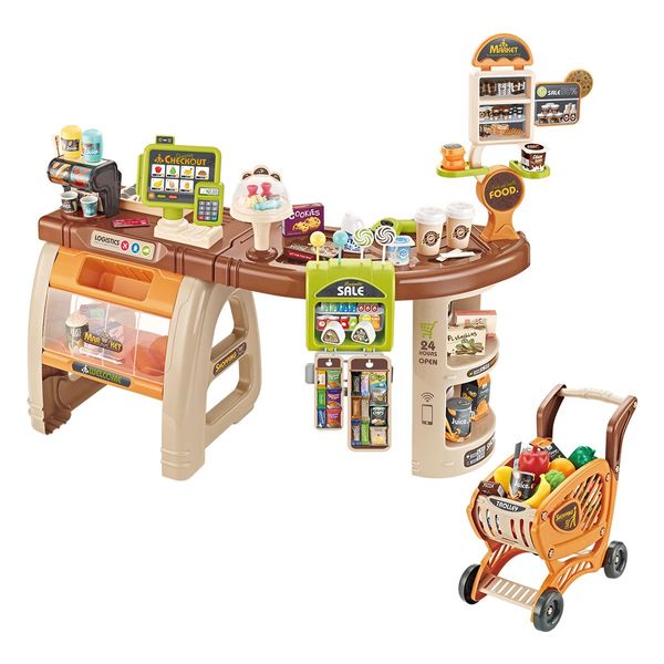 Kids Imagine Develop Toy-65Pcs Supermarket Pretend Play Set W/Good,Trolley,Scanner,Pos Machine,Etc.