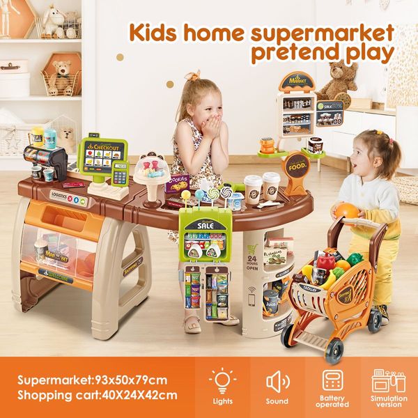 Kids Imagine Develop Toy-65Pcs Supermarket Pretend Play Set W/Good,Trolley,Scanner,Pos Machine,Etc.