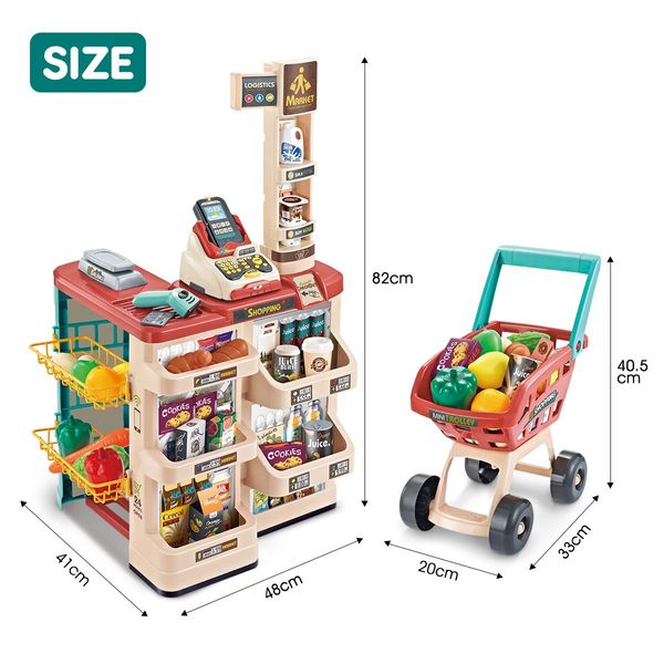 Kids Imagine Develop Toy-48Pcs Supermarket Pretend Play Set W/Good,Trolley,Scanner,Pos Machine,Etc.