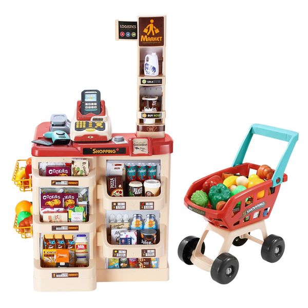 Kids Imagine Develop Toy-48Pcs Supermarket Pretend Play Set W/Good,Trolley,Scanner,Pos Machine,Etc.