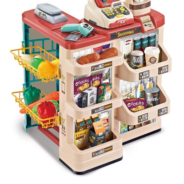 Kids Imagine Develop Toy-48Pcs Supermarket Pretend Play Set W/Good,Trolley,Scanner,Pos Machine,Etc.