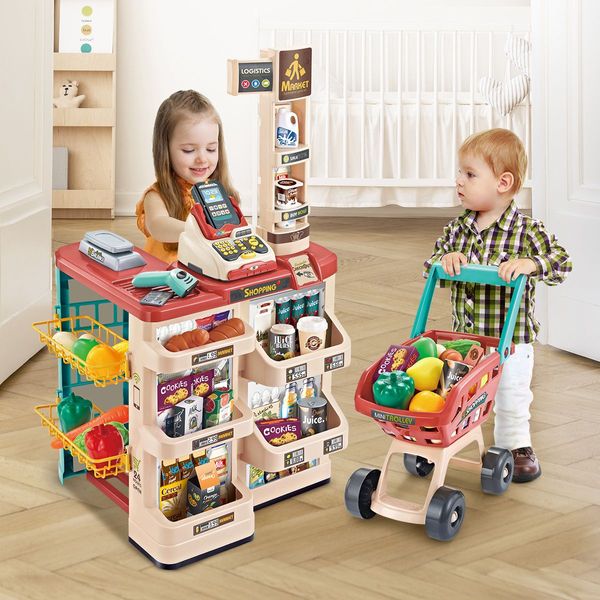 Kids Imagine Develop Toy-48Pcs Supermarket Pretend Play Set W/Good,Trolley,Scanner,Pos Machine,Etc.