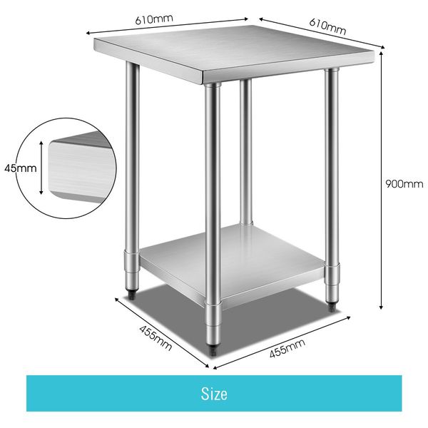 Galvanised Kitchen Prep Table Cater Work Table W/Adjustable Feet For Uneven Floor 61x61x90cm