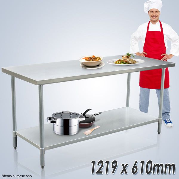 Stainless Kitchen Prep Table Cater Work Bench W/Adjustable Feet For Uneven Floor 121.9x61x90cm