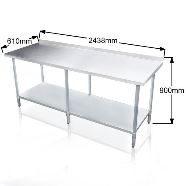 Stainless Steel Kitchen Prep Table Food Cater Work Bench W/5Cm Splash Back Edge 243.8X61X90CM