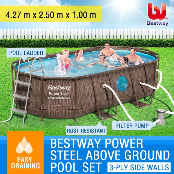 Bestway Rattan Print Steel Frame Above Ground Swimming Pool W/Antimicrobial Filter 4.27X2.5X1M