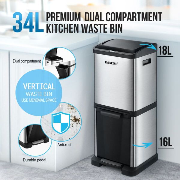 Kitchen Space Saving Vertical 34L Dual Compartment Pedal Waste Bin Garbage Can Easy To Clean