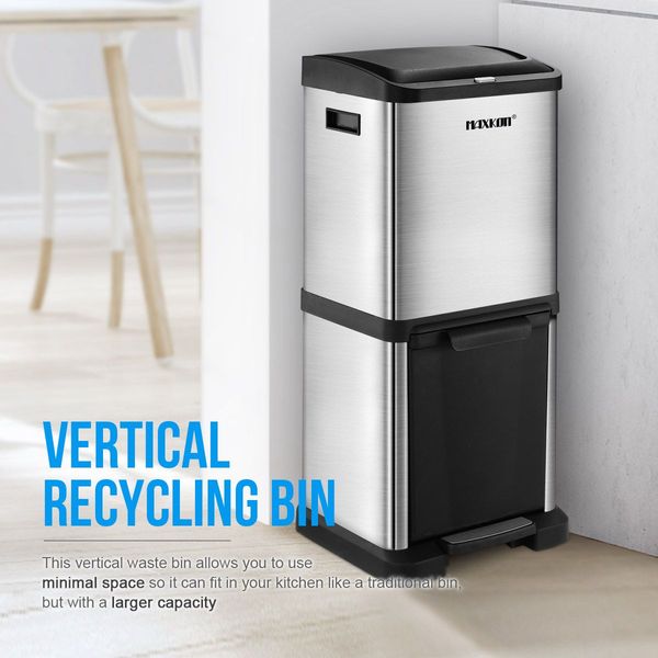 Kitchen Space Saving Vertical 34L Dual Compartment Pedal Waste Bin Garbage Can Easy To Clean