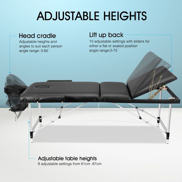 55Cm Width Foldable Height Adjustable Massage Table Bed Padded W/6Cm Thick Foam Portable Easy Carry