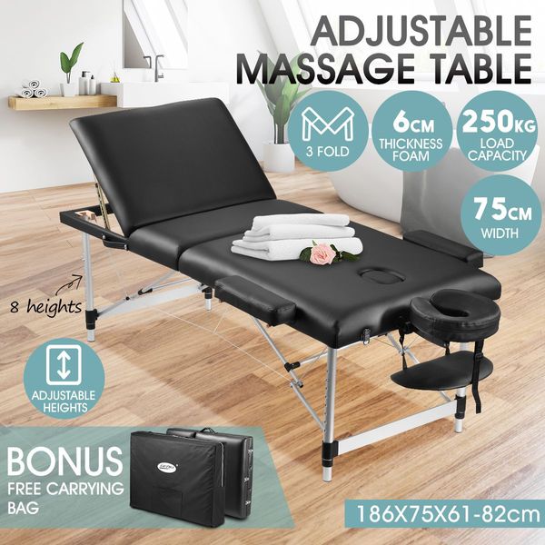 75Cm Width Foldable Height Adjustable Massage Table Bed Padded W/6Cm Thick Foam Portable Easy Carry