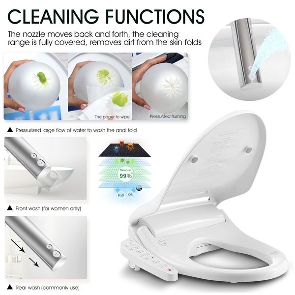 Electric Auto Toilet Seat Bidet Sprayer W/Adjustable Heat/Water Pressure/Temperature Auto Deodorize