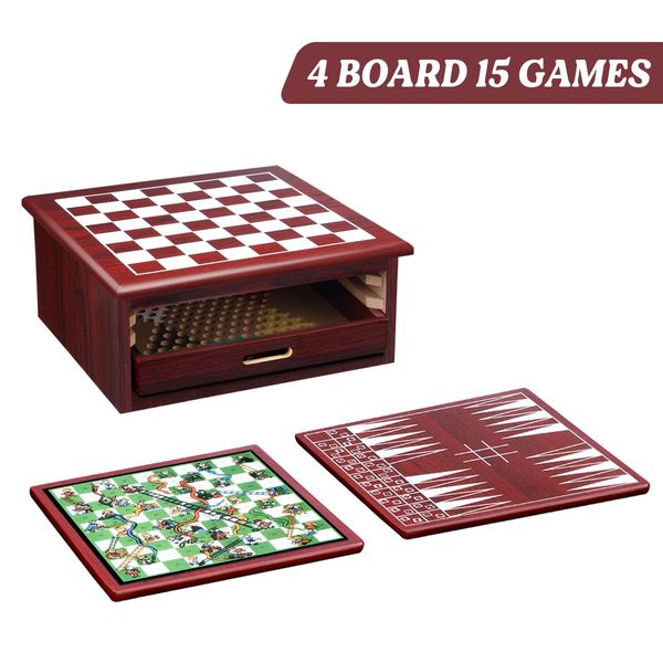 15 Games In 1 Wooden Box Include Chess,Checkers,Solitaire,Backgammon,Tic-Tac-Toe,Parcheesi, Etc.