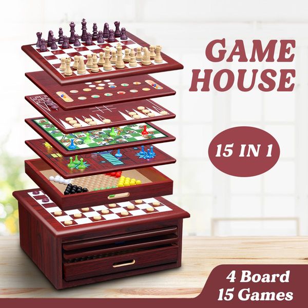 15 Games In 1 Wooden Box Include Chess,Checkers,Solitaire,Backgammon,Tic-Tac-Toe,Parcheesi, Etc.