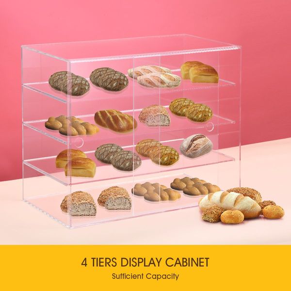 4 Tiers Crystal Dust Proof Cake Display Cabinet Food Showcase Case W/ 3 Durable Shelves 65X33X53Cm