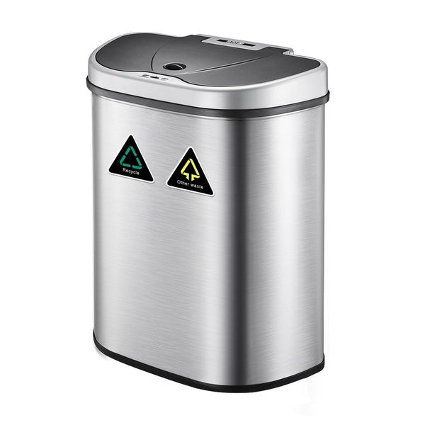 70L Kitchen Touchless Motion Sensor Bin Dual Compartment Garbage Waste Recycle Can Large Opening