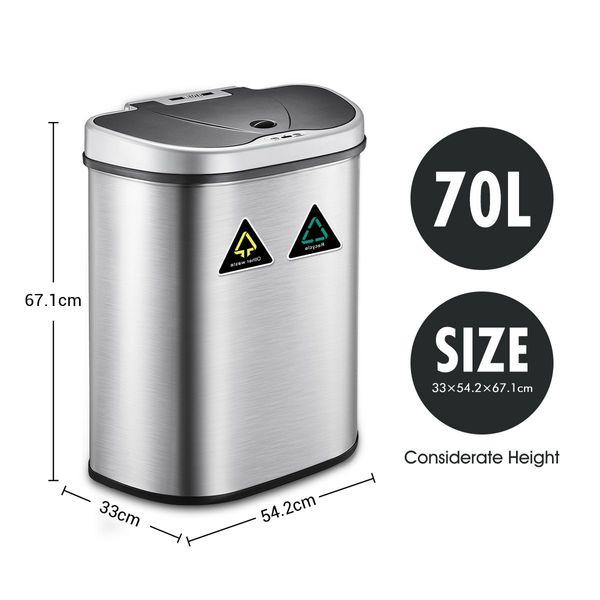 70L Kitchen Touchless Motion Sensor Bin Dual Compartment Garbage Waste Recycle Can Large Opening