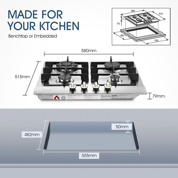 60Cm Ng Lpg 4 Burners Gas Cooktop Hob Stove Easy Clean Stainless Steel Top W/Sai Safe Certification