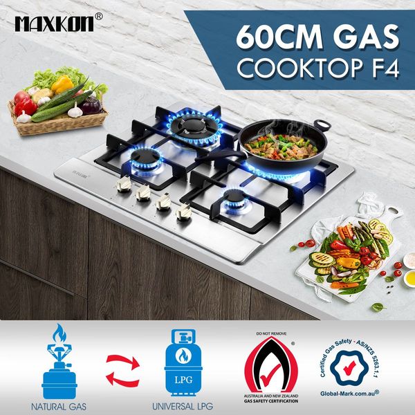 60Cm Ng Lpg 4 Burners Gas Cooktop Hob Stove Easy Clean Stainless Steel Top W/Sai Safe Certification