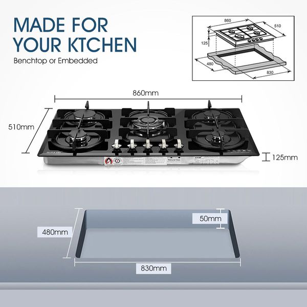 90Cm Ng Lpg 5 Burners Gas Cooktop Hob Stove Easy Clean Crystal Glass Top W/Sai Safe Certification