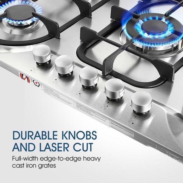 90Cm Ng Lpg 5 Burners Gas Cooktop Hob Stove Easy Clean Stainless Steel Top W/Sai Safe Certification