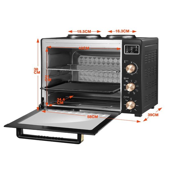 45L Electric Convection Oven W/2 Hot Plates On Top, Great For Rotisserie,Bake,Heat,Toast,Grill