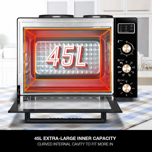 45L Electric Convection Oven W/2 Hot Plates On Top, Great For Rotisserie,Bake,Heat,Toast,Grill