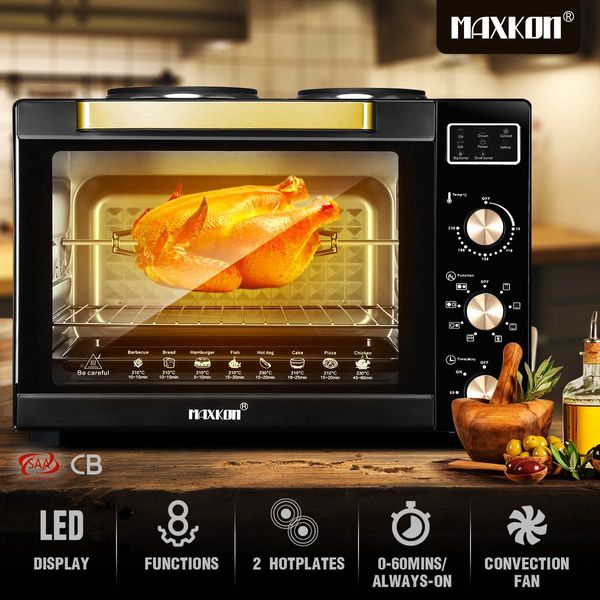 45L Electric Convection Oven W/2 Hot Plates On Top, Great For Rotisserie,Bake,Heat,Toast,Grill