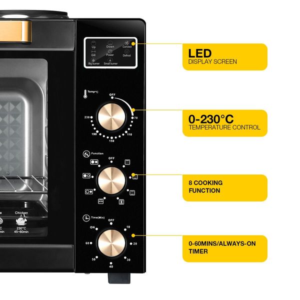 45L Electric Convection Oven W/2 Hot Plates On Top, Great For Rotisserie,Bake,Heat,Toast,Grill