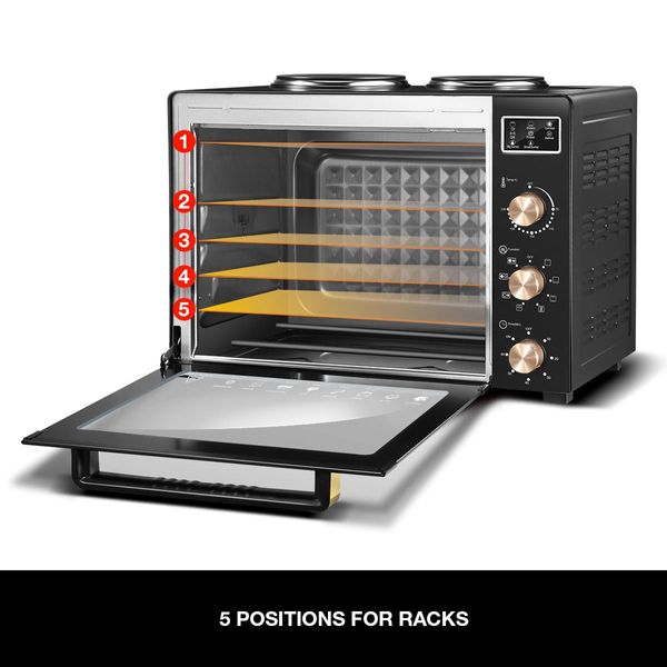 45L Electric Convection Oven W/2 Hot Plates On Top, Great For Rotisserie,Bake,Heat,Toast,Grill