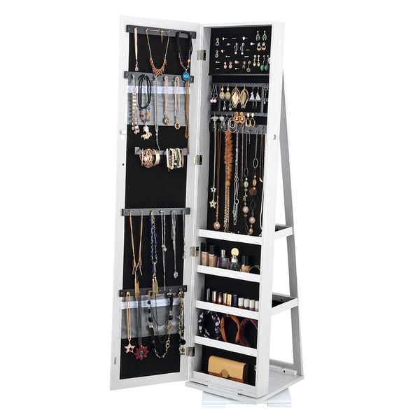 1.6M 360 Rotatable Mirror Jewellery Cabinet W/Versatile Holders&Ample Space Shelves,Lockable Door