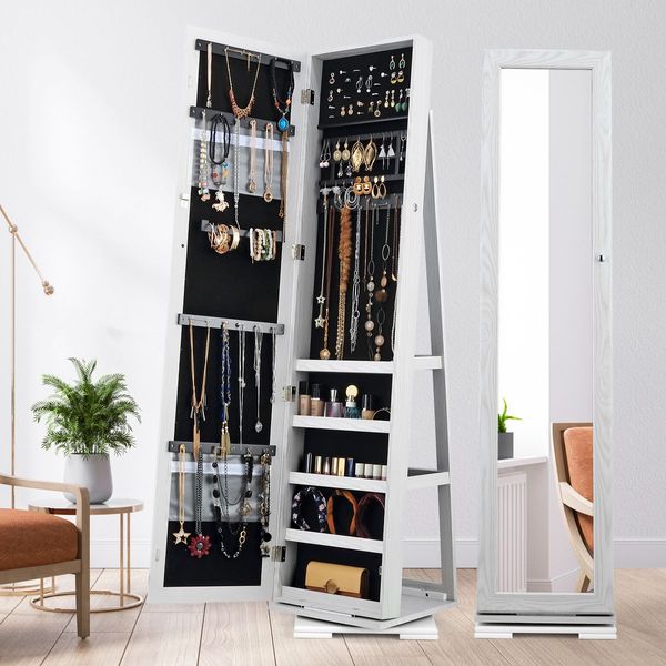 1.6M 360 Rotatable Mirror Jewellery Cabinet W/Versatile Holders&Ample Space Shelves,Lockable Door