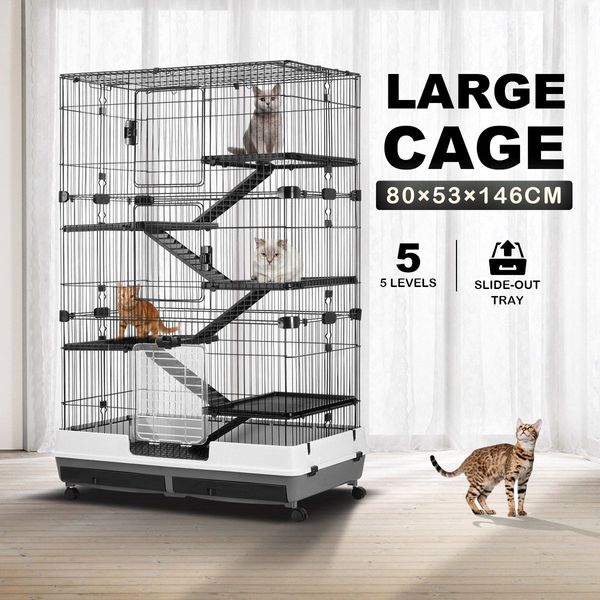 Large 5 Levels Sturdy Metal Rabbit Hutch Cage Chinchillas Hamsters Ferrets House W/Lockable Wheels