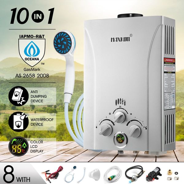 Portable Outdoor Gas Lpg Instant Shower Hot Water Heater W/Constant Water Flow Up To 550L/H-Silver