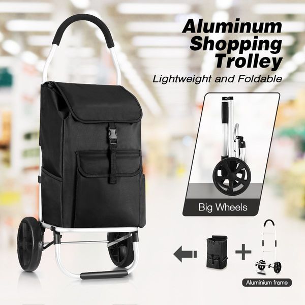 45Kg Load Foldable Sturdy 2 Big Wheels Shopping Cart Trolley W/ Durable & Waterproof Oxford Cloth