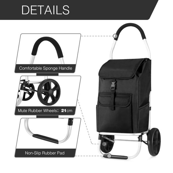 45Kg Load Foldable Sturdy 2 Big Wheels Shopping Cart Trolley W/ Durable & Waterproof Oxford Cloth