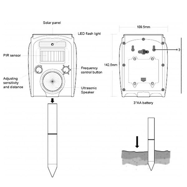 315Sqm Area Solar Ultrasonic Pest Repeller Flash Light Animal Deterrent For Bird Fox Cat Racoon Bat